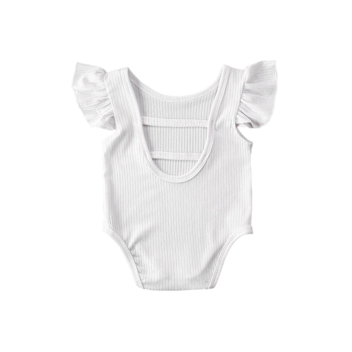 0-24M Newborn Infant Baby Girls Boys Bodysuits Solid Ruffles Short Sleeve Backless Jumpsuits 2 Colors: White / 6M