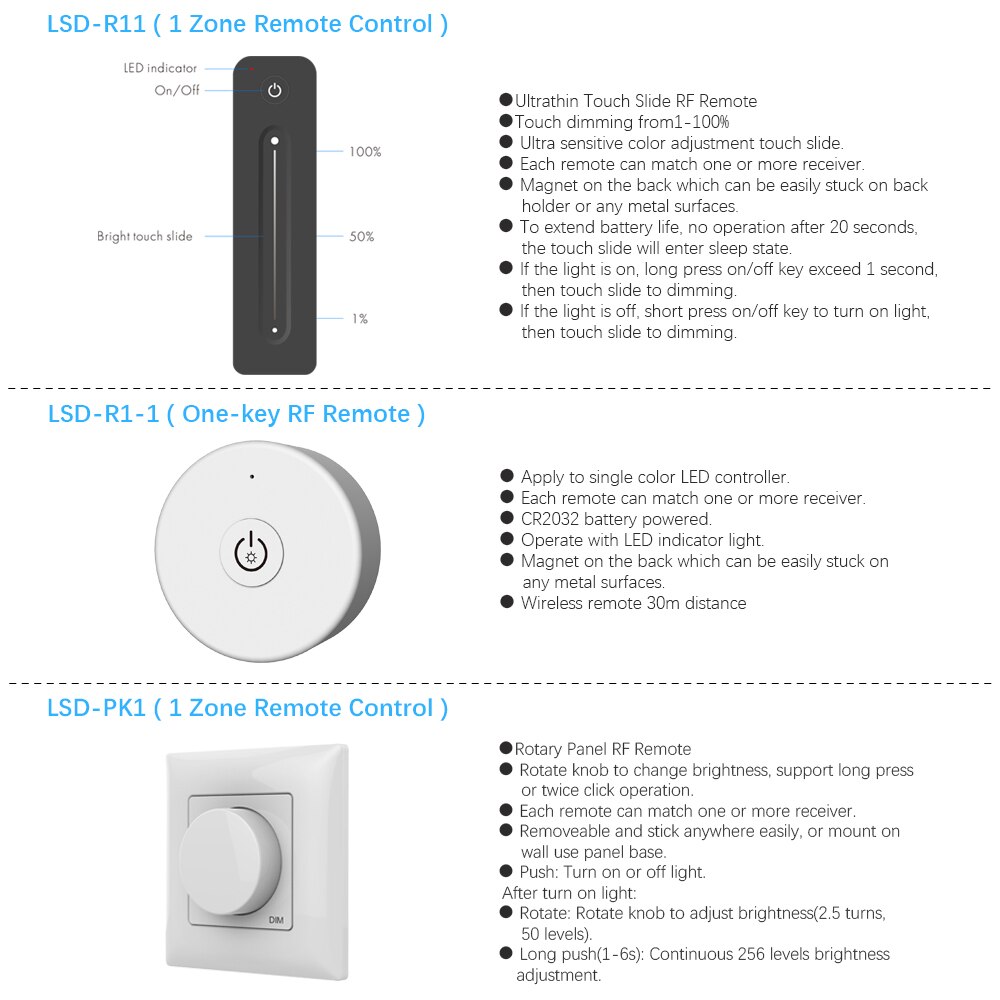 V1-L LED Dimmer 12V 24V 1CH 15A PWM 0-100% Stepless Dimming Switch Wifi RF 2.4G Wireless RF Remote LED Strip Light Push Dimmer