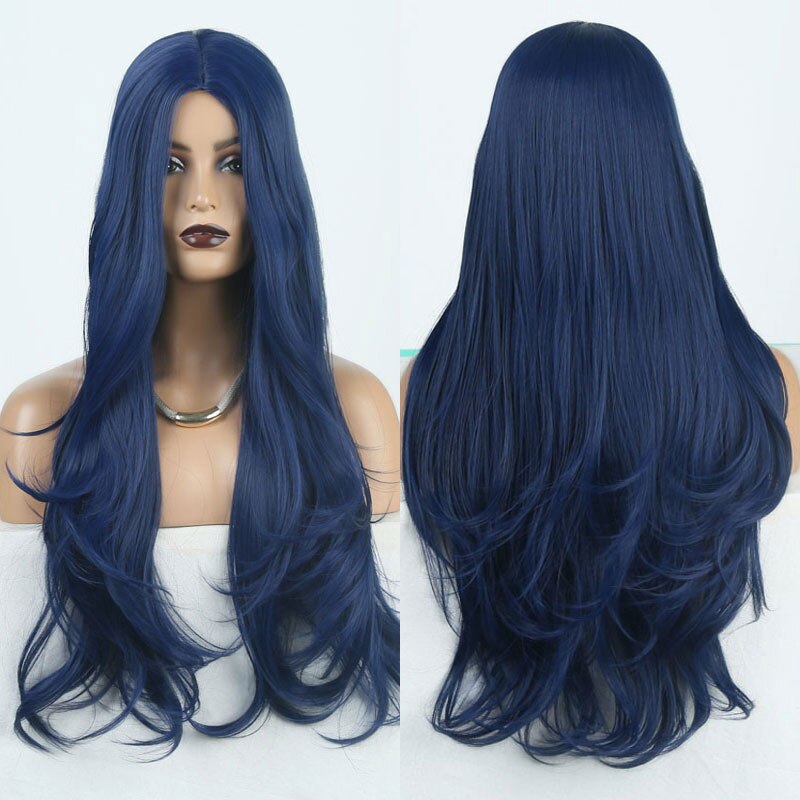 Peluca de pelo sintético de onda larga suelta azul oscuro sin pegamento de fibra resistente al calor para pelucas de mujer