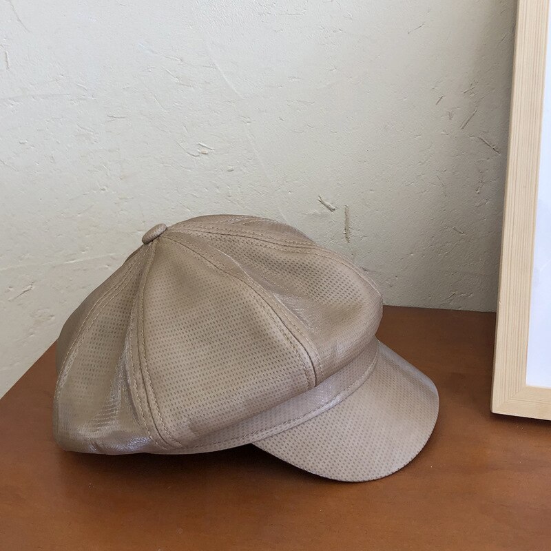 Leather Vintage Berets Painter Hat Autumn Winter Caps Male Female Casual Solid Color PU Leather Octagonal Cap: 0028 Khaki