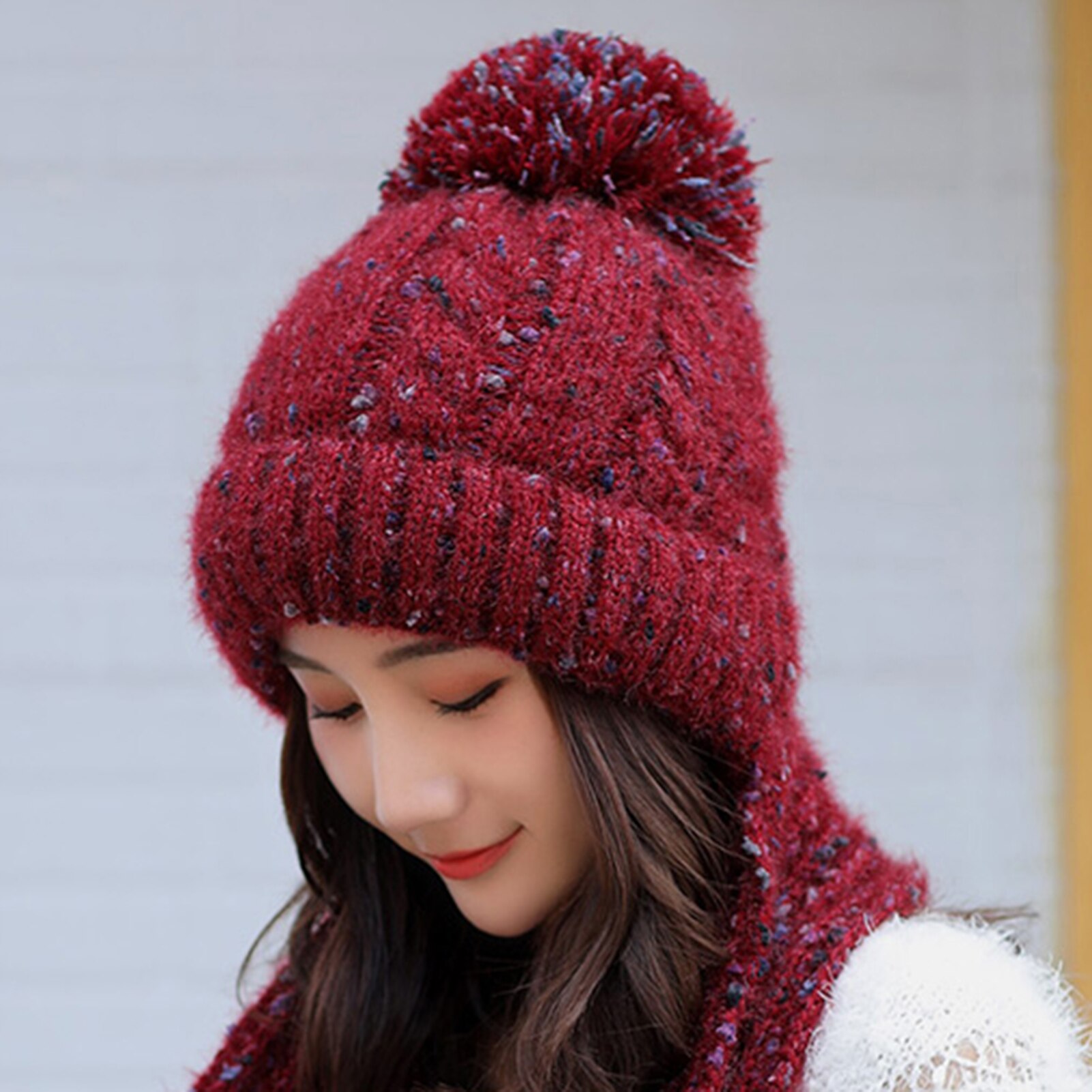 Korean-Style Women Autumn Winter Skullies Beanies Girls Soft Warm Woolen Knitted Circle Loop Scarf Cap Ladies ourdoor sports Hat