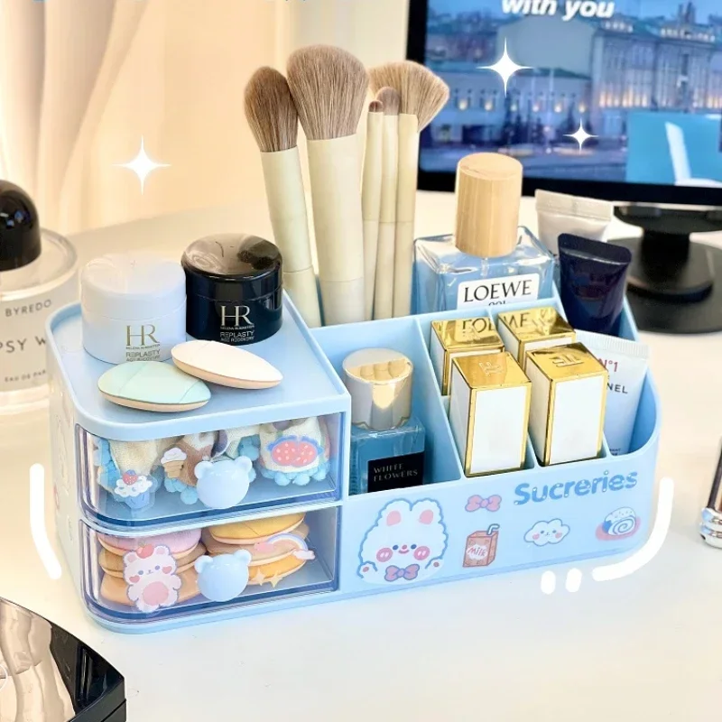 Kawaii caixa de armazenamento de mesa organizador bonito urso lidar com gaveta tipo organizador de mesa multi-grade caneta titular com adesivos kawaii