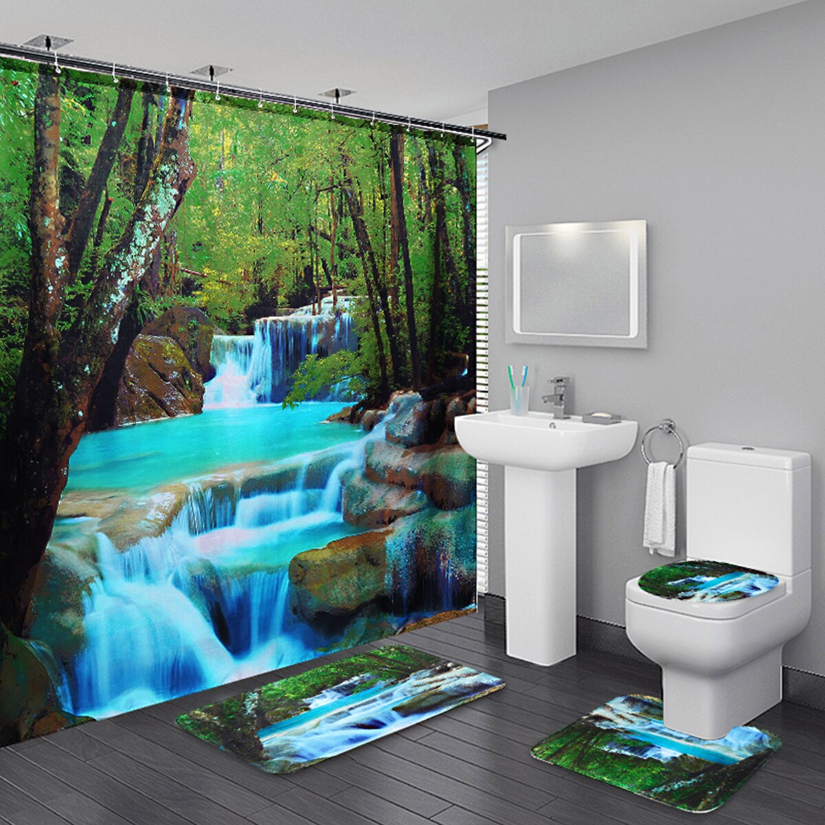Coastal Strand Landschap Gedrukt Patroon Douchegordijn Voetstuk Tapijt Deksel Wc Cover Mat Badmat Set Badkamer Gordijnen Met Haken: F 4PCS