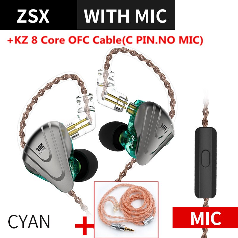 KZ ZSX 1DD+5BA 12 Unit Hybrid In-ear Earphones HIFI Metal Headset Music Sport KZ ZS10 PRO AS12 AS16 ZSN PRO C12 DM7 as06 v90: cyan with mic(ofc