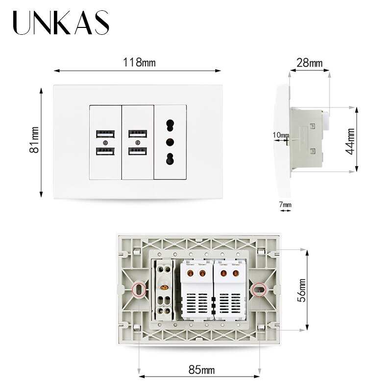 UNKAS Wall Power Socket Plug Italian / Chile Electrical Outlet With 4 USB Charger Port For Mobile 118mm*80mm