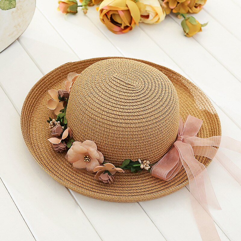 HSS Novo Guirlanda de flores Chapéus De Palha Senhora praia verão Chapéu chapéu de Sol Das Mulheres 2018 Moda Viagem Arco Chapéus: Khaki
