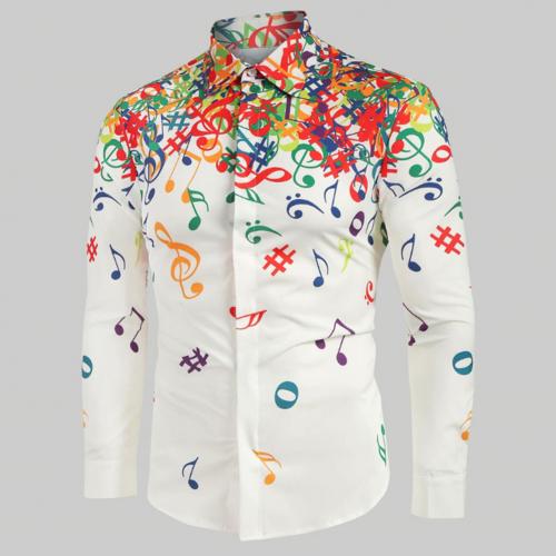 Casual Men Autumn Musical Symbols Print Long Sleeve Buttons Down Slim Shirt: White / M