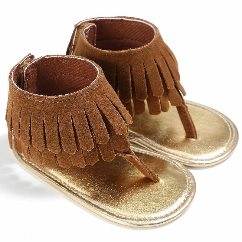 Baby Girls Sandals Toddler Tassel Anti-Slip Summer Crib Shoes Solid color Soft Sole Sandal: Brown / 13-18 Months