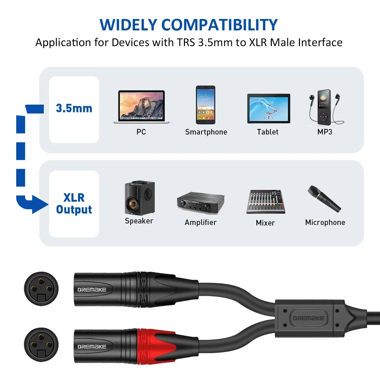 DREMAKE Jack 3,5 mm TRS Stereo do podwójnego XLR męskiego Patch Cord 3,5 mm 1/8 cala do podwójnego XLR męskiego Adapter Breakout Y Splitter Cable