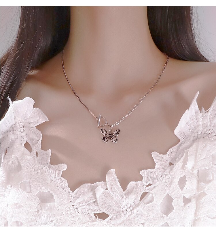 ANENJERY Arrivals Butterfly Pendant Thai Silver Color Necklace for Women Party Clavicle Chain Necklace Jewelry S-N649: S-N649