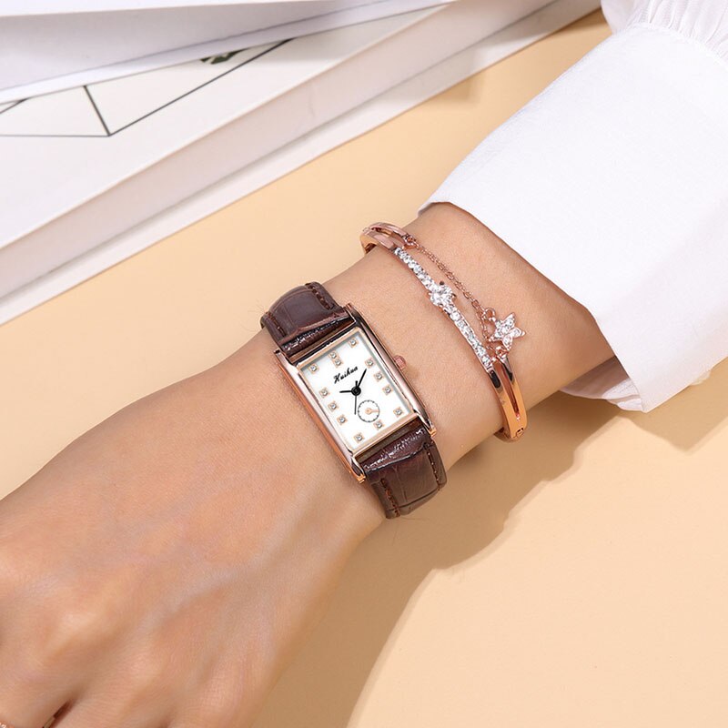 Reloj de correa de cuero fino para mujer, pulsera de mano rectangular con diamantes de imitación, a la , para estudiantes