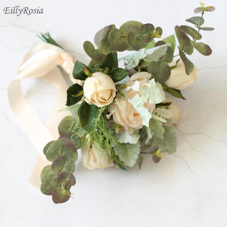 Ramos de novia Kleine Size Bruidsboeket voor Bruidsmeisje Bloem Meisjes Handgemaakte Rozen Eucalyptus Kunstmatige Bruiloft Bloemen: small bouquet