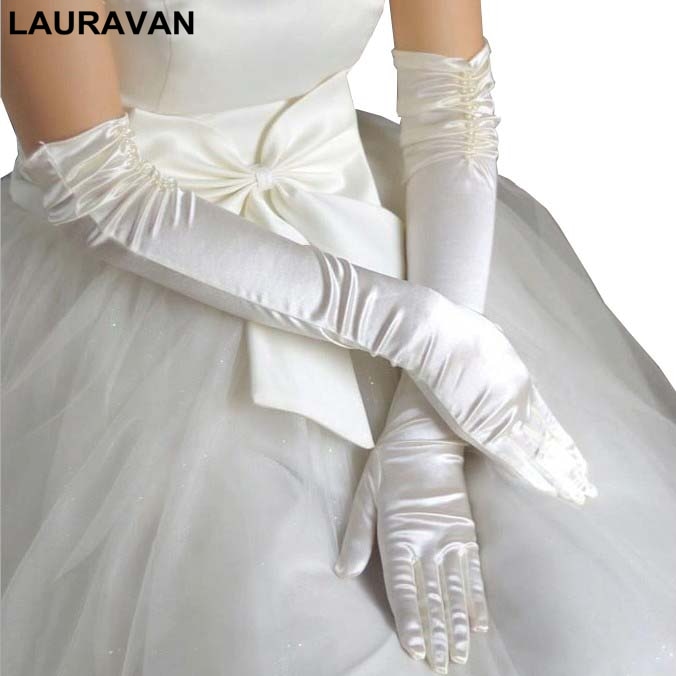 Guantes de novia para boda, 1 par, rojo, negro, blanco, marfil, largo, con cuentas, satinado, para mujeres, guantes de novia