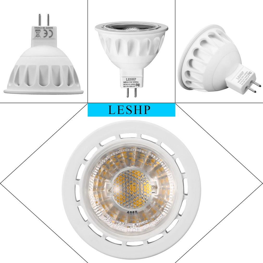 LESHP White MR16 AC/DC12V 5W LED Spotlight 4000K 500LM Non-Dimmable 40 Degree Beam Angle Compact Size Light Weight