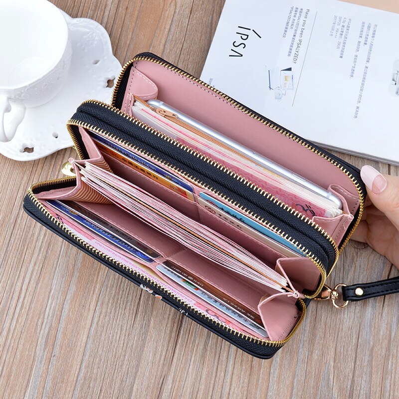 Luxury Double Zipper Women Wallets Large Capacity Long Clutch Bag Double Wallet Soft Leather Printing Change Mobile Bag