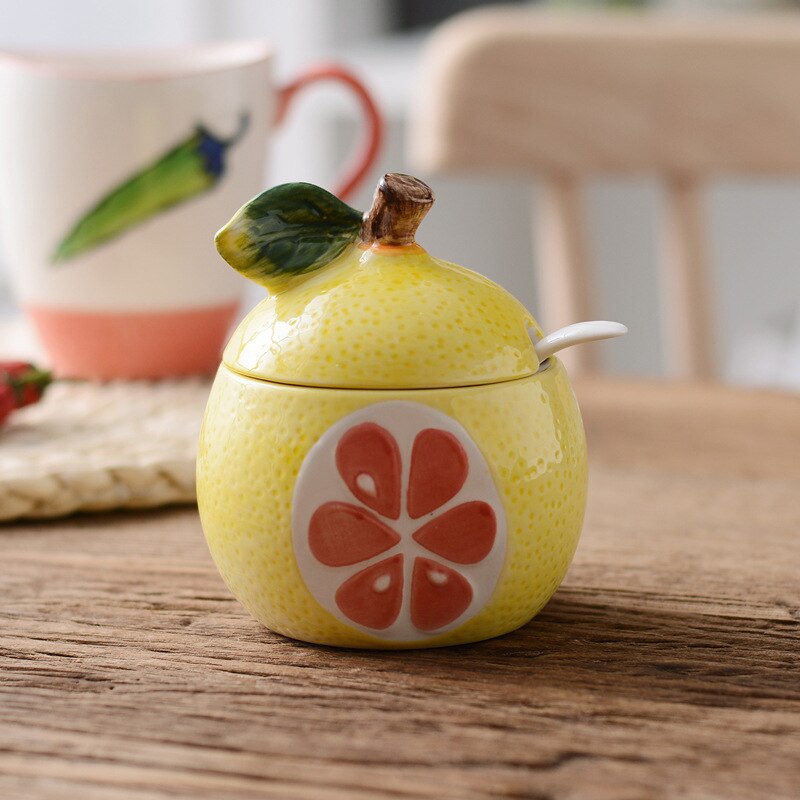 Cute Fruit Pomegranate Shape Condiment Bottle Ceramic Seasoning Bottle Jar with Cover Spoon Flavouring Container: Grapefruit-Y