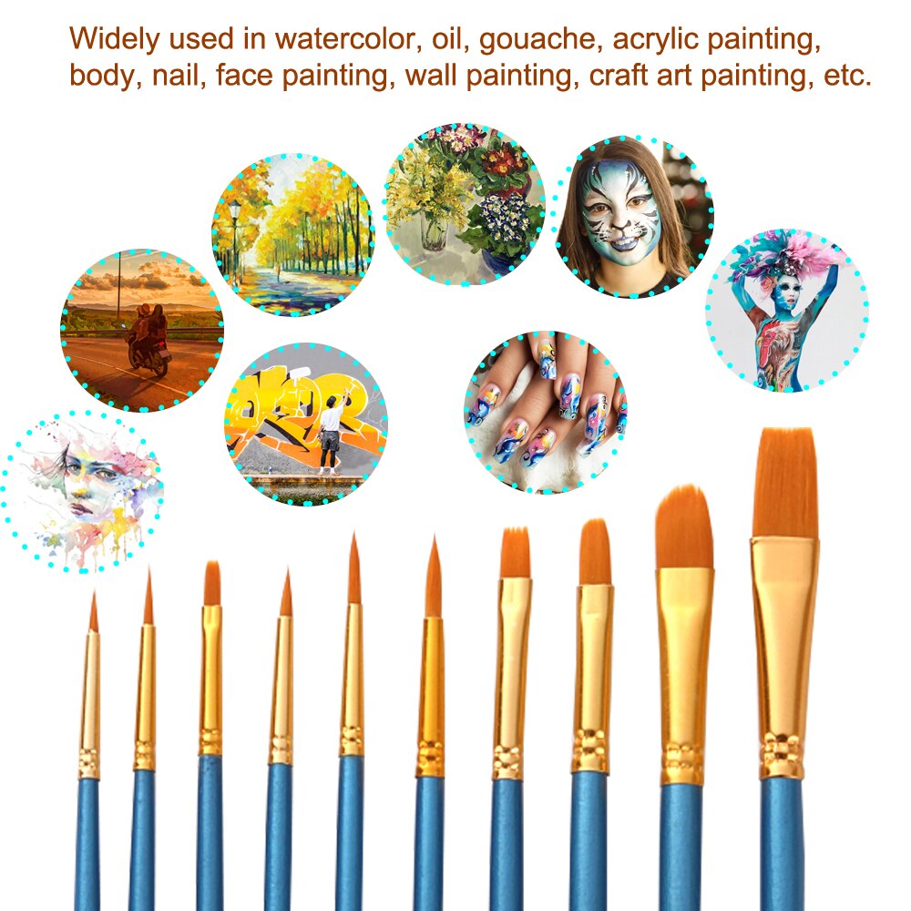10pcs Paintbrush Set Art Paint Brushes Nylon Hair Wooden Handle for Acrylic Oil Gouache Face Nail Body Painting