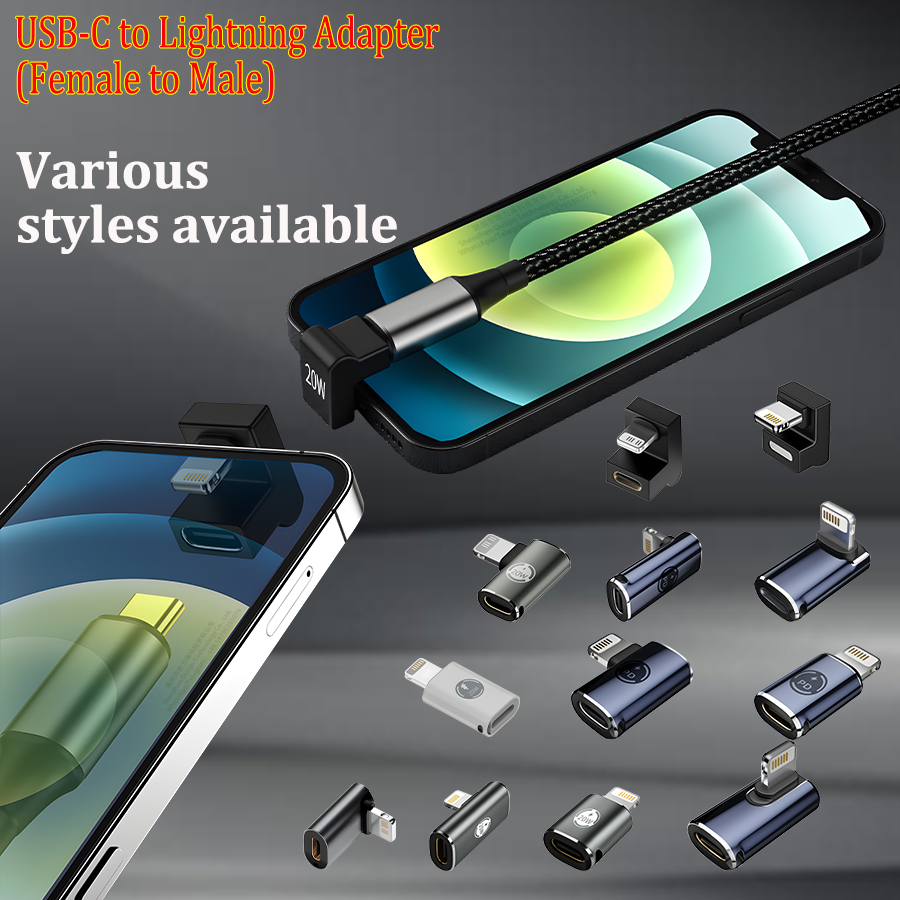 USB Type-C PD 20/27W charging data connector for iPhone, iPad, iPod, USB-C to Lightning adapter, female to male, multiple styles