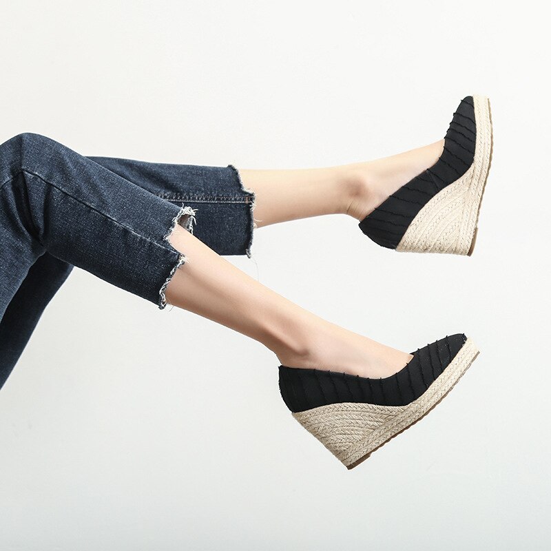 Espadryle damskie sandały na koturnie 2021 wiosenny i jesienny nowy płytkie usta wysokie buty na grubym obcasie platformy damskie słomiane tkane