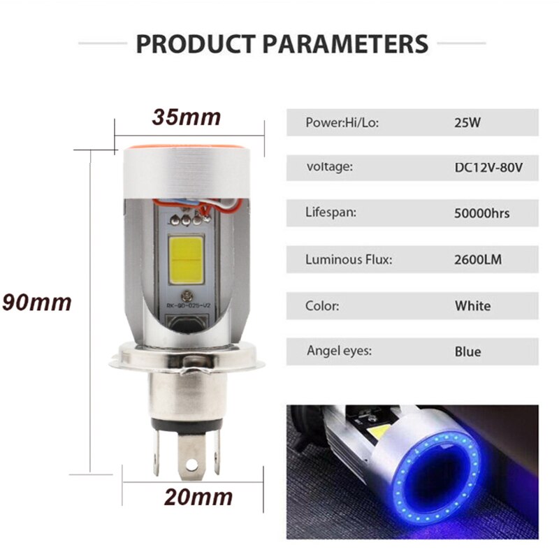 1PC H4 LED Motorcycle Headlight Ba20d HS1 H6 Scooter Motorbike Headlamp Light Bulb DRL Accessories 12V White Blue/Red Angel Eye