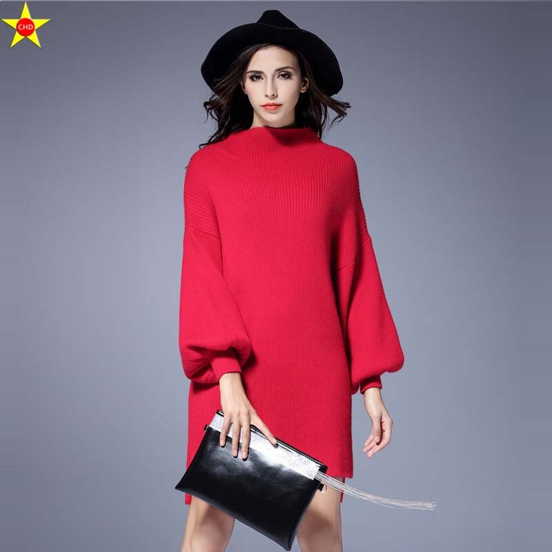 XL-5XL Plus Size Casual Women Dresses Lantern Sleeve Autumn Winter Extra Large Loose Knitted Dress Vestidos