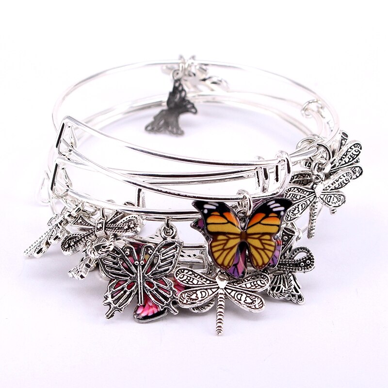 5Pcs Bangle Set Draad Armbanden Voor Vrouwen Meisjes Juwellen Vlinder Dragonfly Boog Bedels Armbanden Manchet Jewlery C044