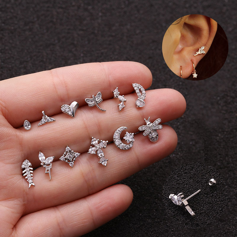 Clous d'oreilles insectes acier inoxydable Zircon tige mince vis boucles d'oreilles Cz oreille Tragus Helix Cartilage goujon Rook Piercing bijoux