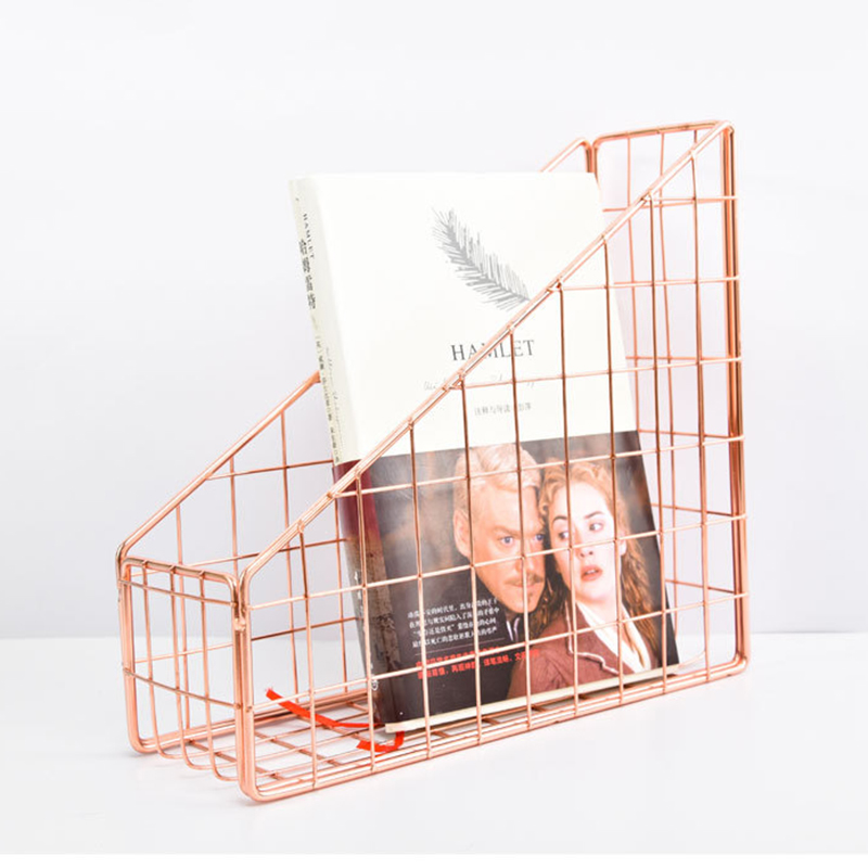 Rose Goud Electroplated Iron Boek Houder Desktop Plank Bestand Doos Tijdschrift Boek Stand Kantoor Thuis Briefpapier Organizer Houder