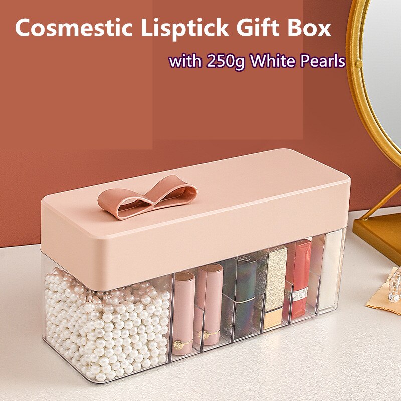Makeup Lipstick Organizer with Cute Lid 18+1 Lattices Lipstick Storage Case with 250g White Pearls Cosmetic Lipstick Box