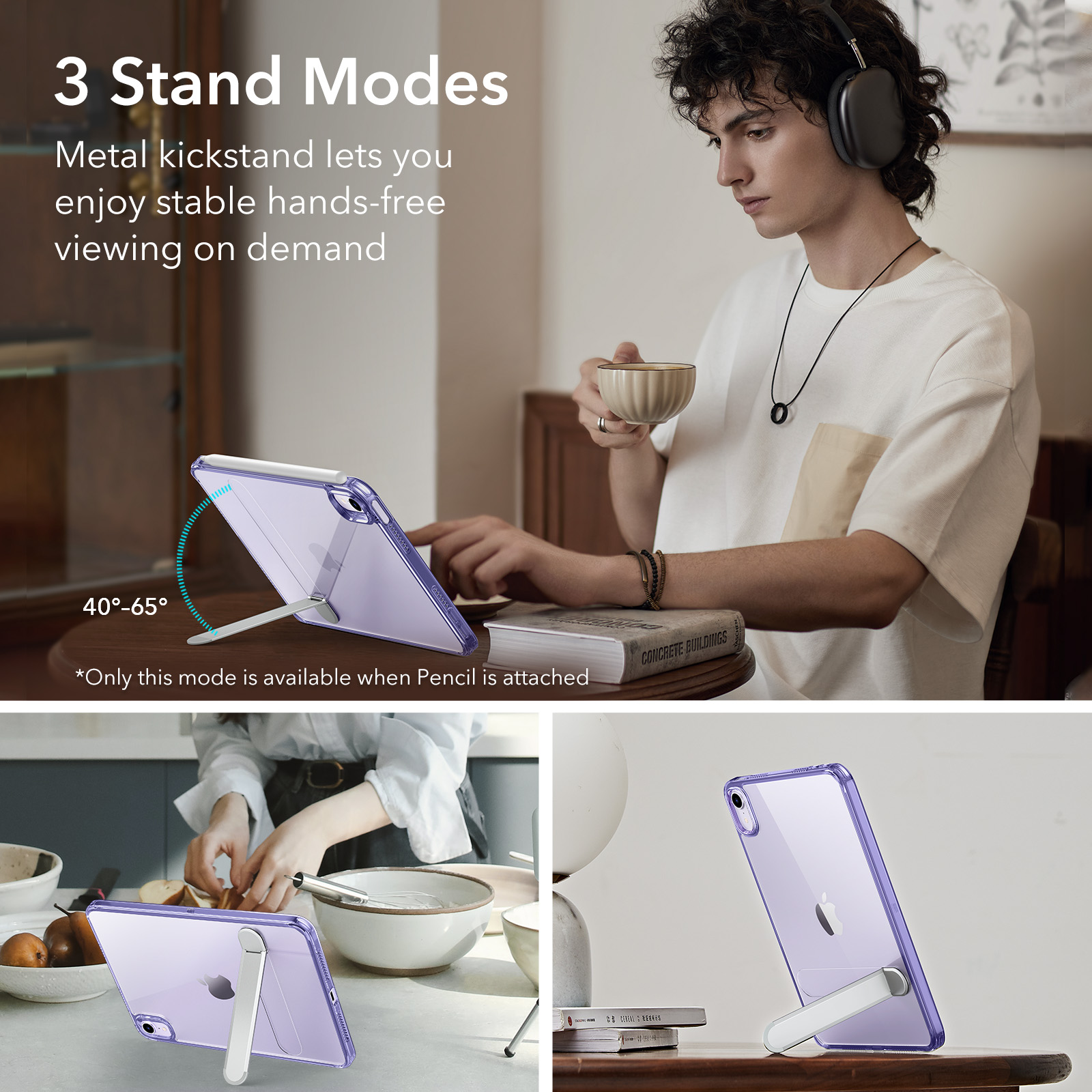 ESR-Kickstand Case for iPad Mini 6) Mini 7) Hybrid Protection Clear Back Cover with Stand Support Pencil Pro & Pencil