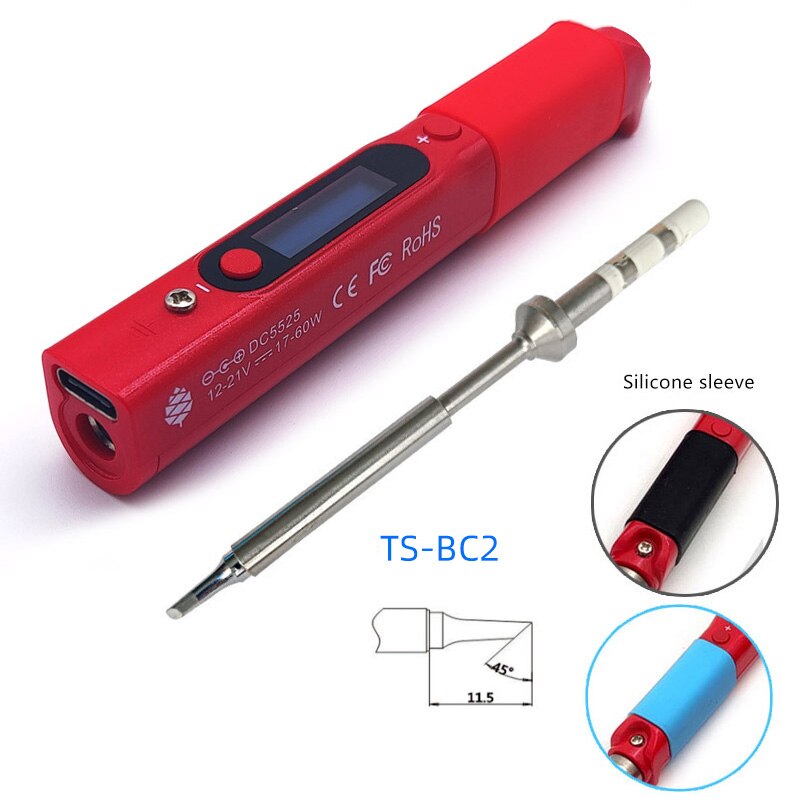 Pine64 Intelligent Constant Temperature Type-C DC5525 Portable Electric Mini Smart Soldering Iron Pinecil B2 BC2 KU C1 Tip: RED BC2