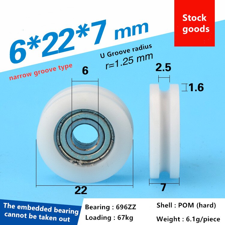 20 pièces delrin POM plastique enduit portant nylon U rainure piste guidage roulements à rouleaux poulie Peilin roue alésage taille 3 4 5 6 mm: 6x22x7mm narrow