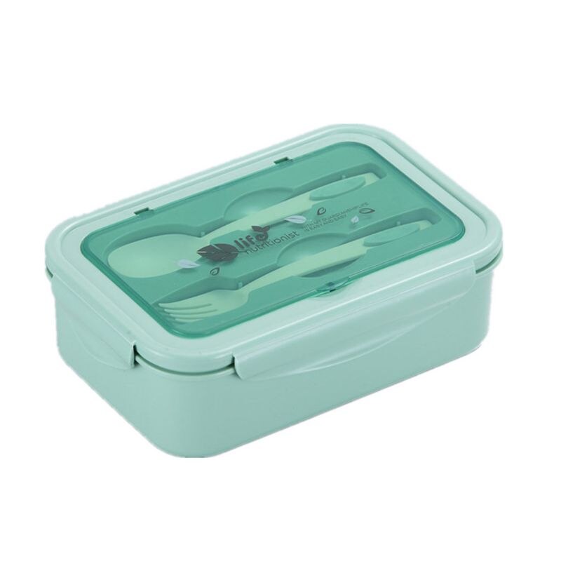 3 Grids Portable Rectangular Lunch Box with Tableware Durable Bento Case Container Storage Fat-reduced Breakfast School Office: green