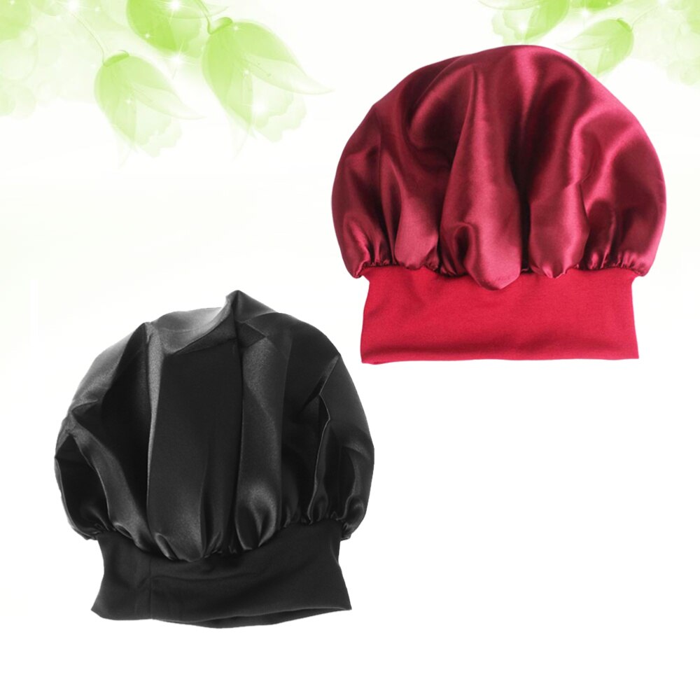 2pcs Nightcap Wide Side Elastic Sleeping Cap Hair Loss Cap Hats Chemotherapy Cap for Girls (Black)
