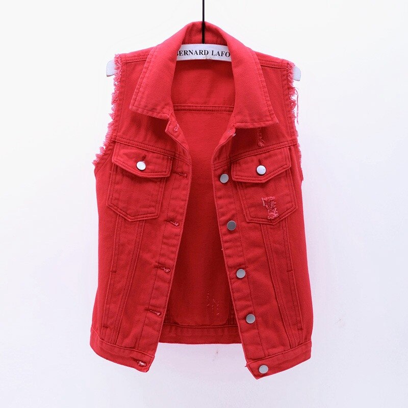 Lila ärmellose Jeansjacke Damen Sommermode einreihige Jeansweste Mantel Vintage passende Jeanswesten Indie Weste: S / Rot