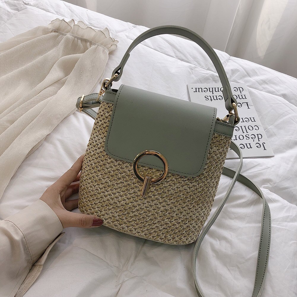 Women Straw Weave Shoulder Bags for Women Summer Bucket Handbags Summer Beach Totes Travel Shoulder chain Bags: Green