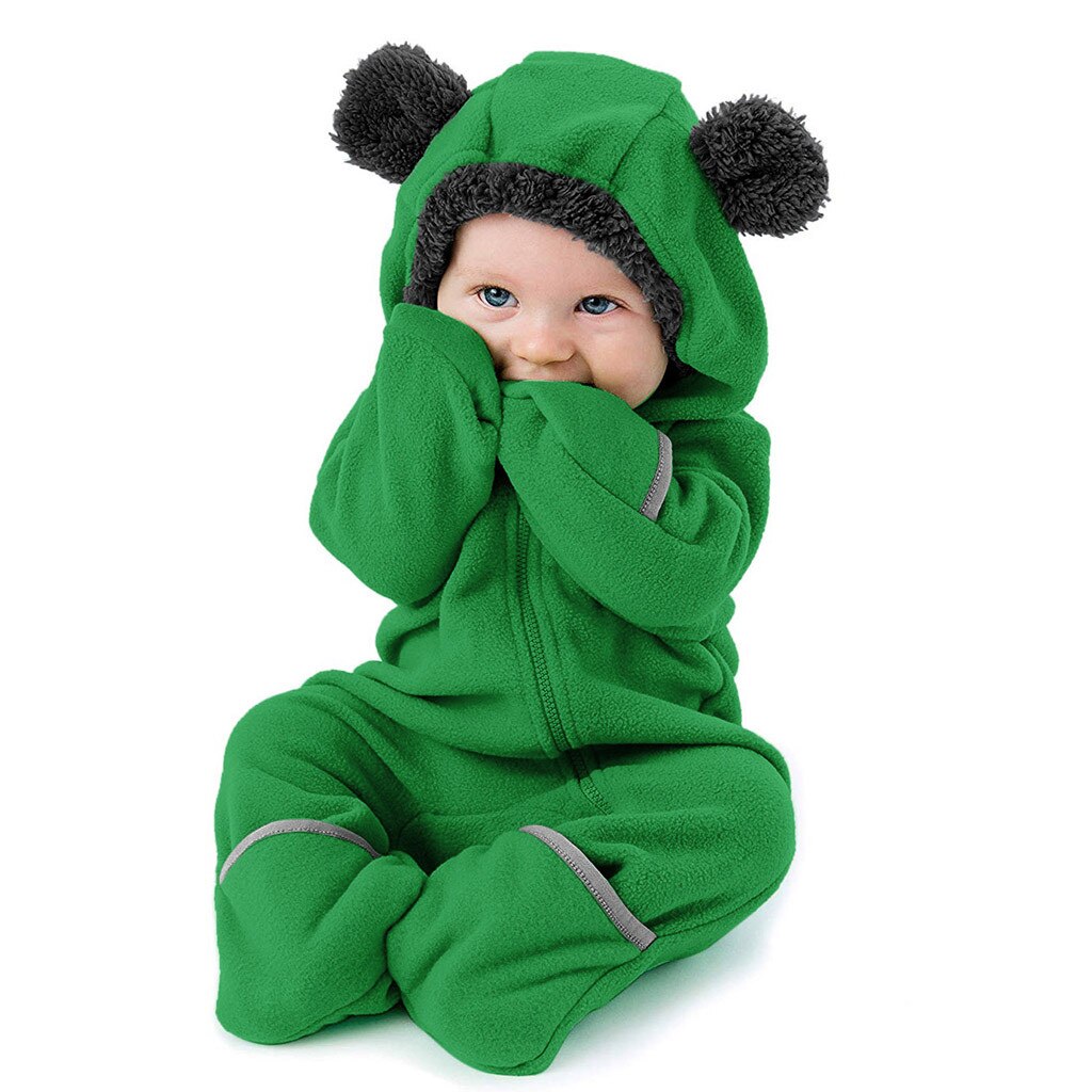 Baby Jumpsuit Romper Baby Baby Meisjes Jongens Solid Cartoon Fleece Oren Hoodie Romper Kleding Jumpsuit: Green / 3-6 Months