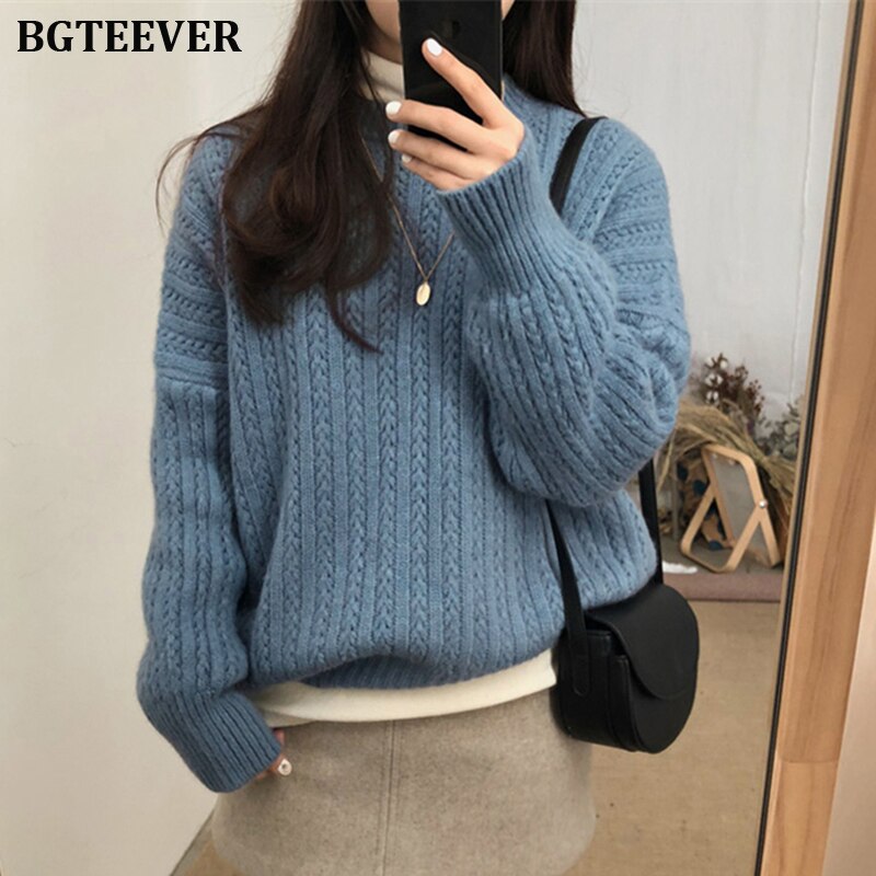 Collared Oversized Pullover Sweater - Blue
