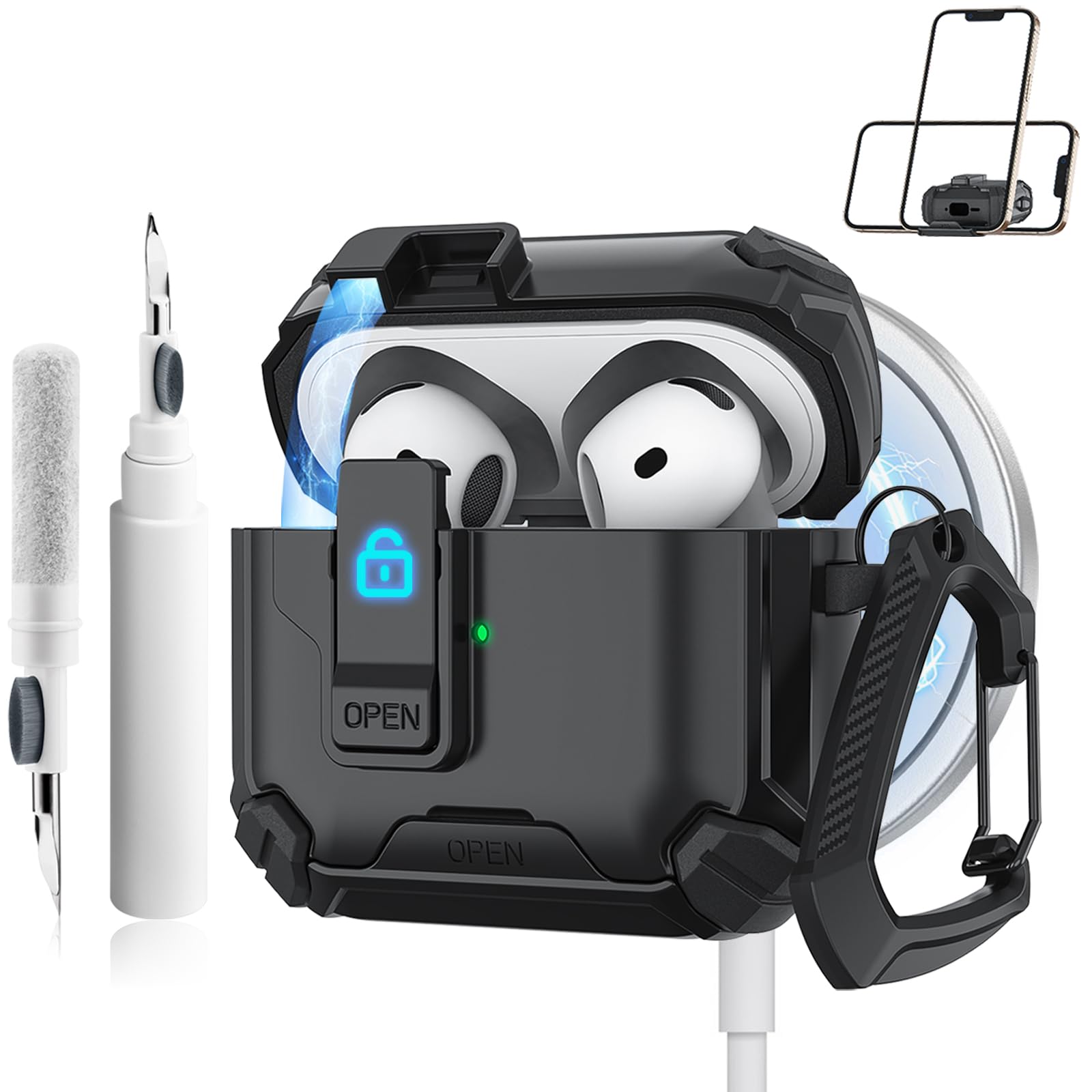 Etui til airpods 4 med magsafe magnetisk automatisk lås med telefonstativ beskyttelsesdeksel med rengjøringssett etui til airpods 4: Himmelblå