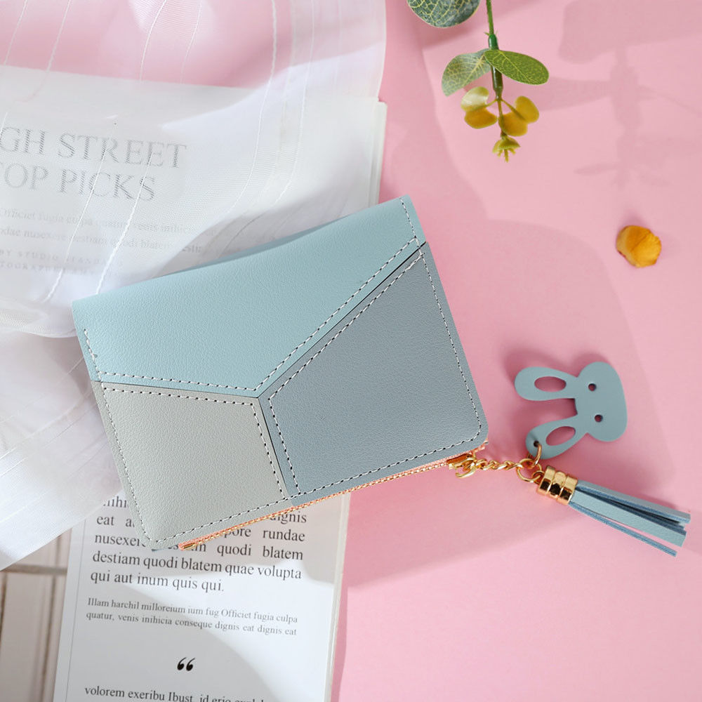 Kvinders kort pung pu læder kontrast kvast lynlås sød kanin mini clutch: Blå