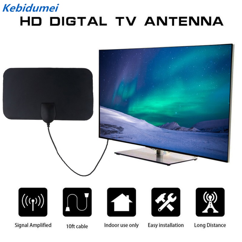 kebidumei Flat Indoor HD 120X210mm Digital Indoor Aerial TV HDTV Antenna 50 Miles High Booster Signal Capture for TV EU Plug