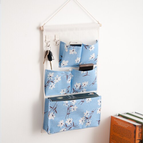 Canvas Storage Hanging Bag Wall Hanging Door Dormitory Hanging Bag 5 Pocket Space Sundries Hanging Organizer: White Flower