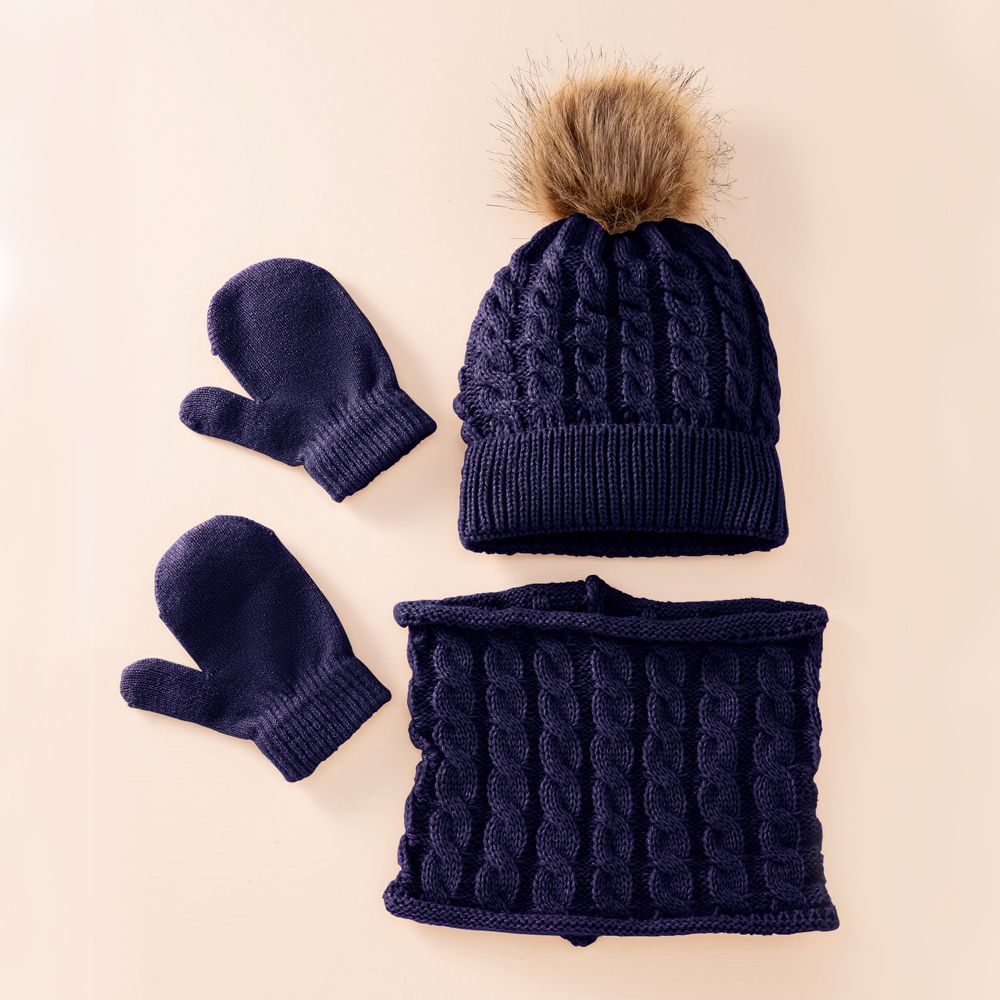 3Pcs/Set Cute Hat Scarf Gloves Set Solid Color Cotton Caps Winter Warm Accessories For Kids 0-3 Years Boys Girls Children: navy