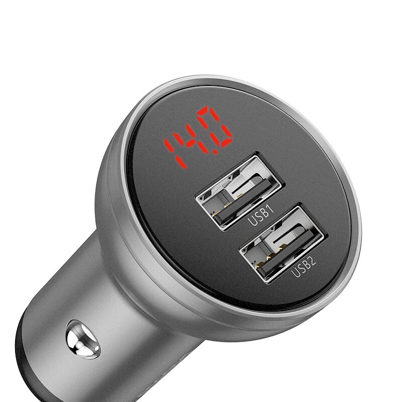 Baseus 24W Dual USB Car Charger Phone Charging With All Metal Digital Display 4.8A Car Cigarette Lighter for iPhone Fast Charger: Silver