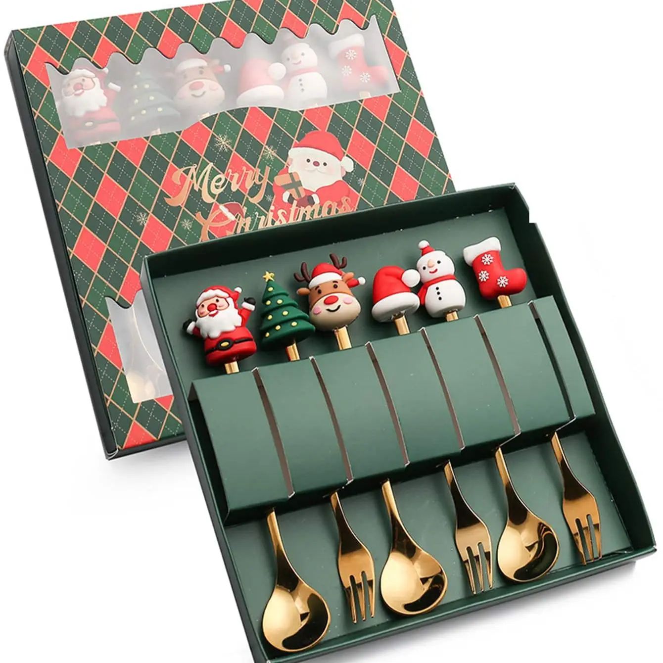 2/4/6 Stuks Kerst Vork En Lepel Set, Roestvrij Staal Creatief Servies, koffie Thee Dessert Vorken En Lepels Set: Rood