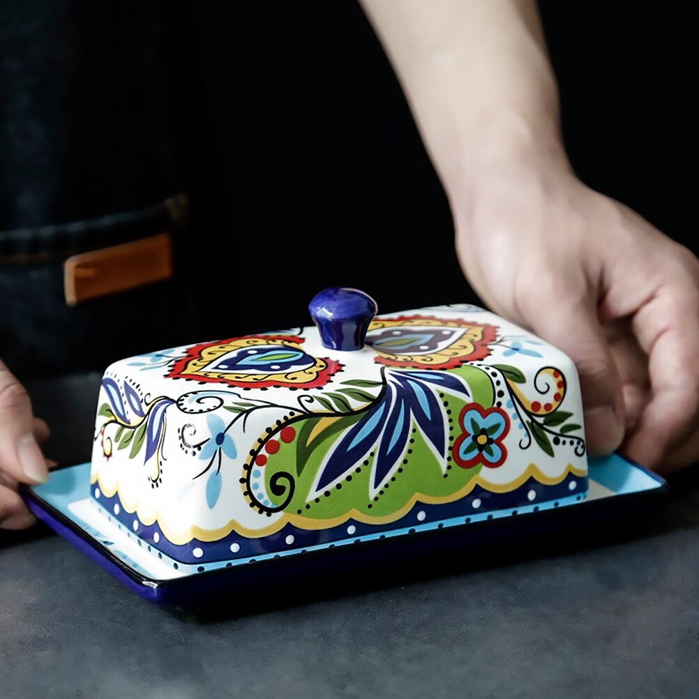 Bloemen Patroon Keramische Dessertbord Kaas Doos Voedsel Container Boter Met Deksel Huishoudelijke Exquise Diner