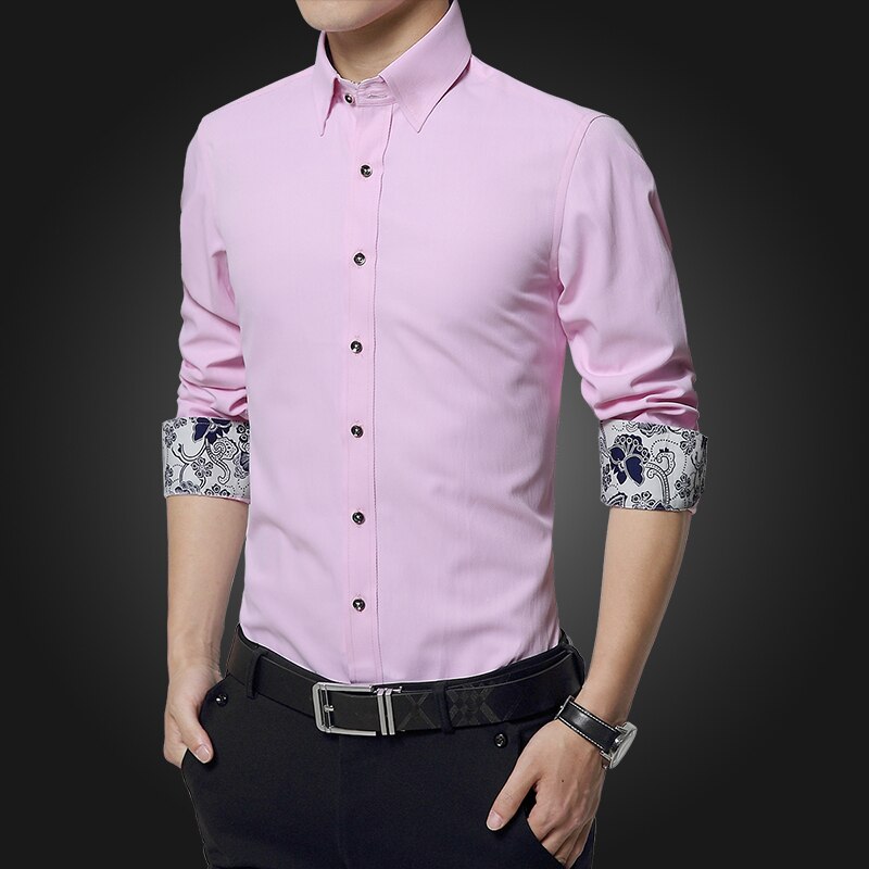 Men&#39;s Luxury Cuff Flower Printed Shirt Regular-fit Wedding Long Sleeve White Pink Tuxedo Shirts 4XL 5XL