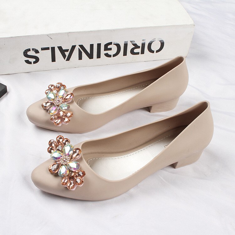 Rhinestone Flower Plastic Shoes for Women Thick Heel Waterproof Rainboots Shoes Pvc Jelly Shoes Womens for Rain: Khaki / 38