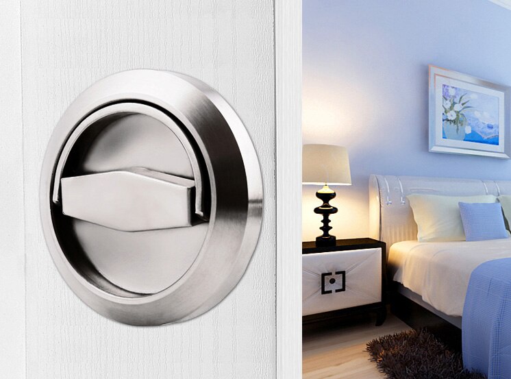 Stainless Steel 304 Recessed Invisible Cup Handle Privacy Hidden Door Locks Cabinet Pulls Handle Fire Proof Disk Ring Lock: Wire Drawing