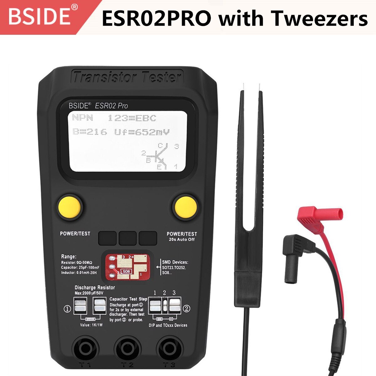 Bside Digitale Transistor ESR02 Pro Tester Smd Componenten Diode Triode Weerstand Condensator Spoel Meter Multimeter Met Pincet: ESR02PRO(Black) Twz